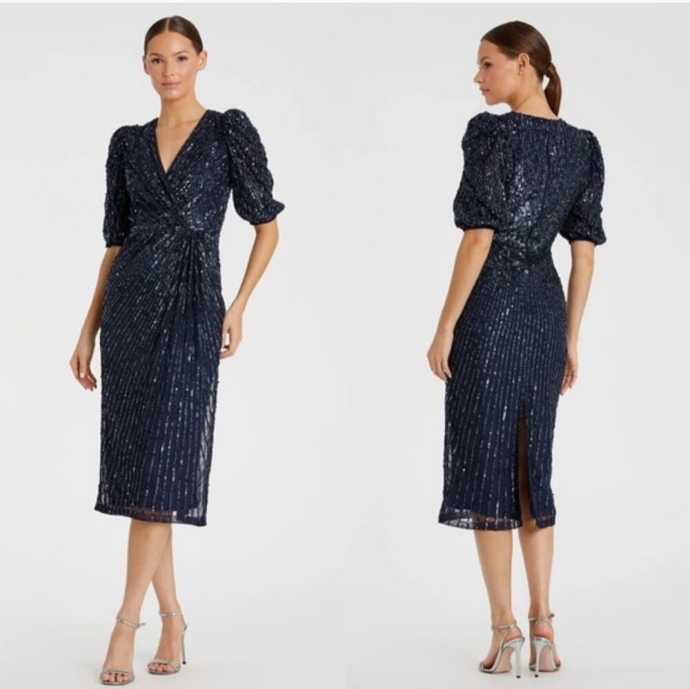 Mac Duggal 5578 Sequin V Neck Short Puff Sleeve Midi Dress Navy Blue Size 6